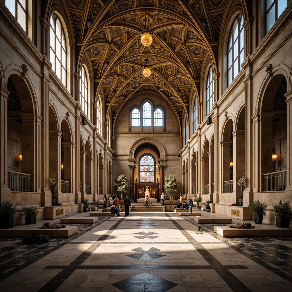 Prompt: Grand cathedral, symmetrical facade, ornate stone carvings, stained glass windows, vaulted ceilings, intricate mosaics, golden domes, classical columns, arches, pediments, grand entrance, marble floors, solemn atmosphere, soft warm lighting, shallow depth of field, 1/1 composition, central perspective, realistic textures, ambient occlusion.