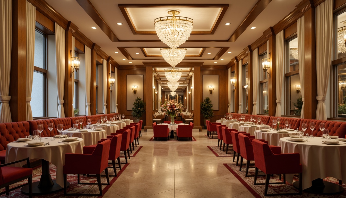 Prompt: Elegant dining hall, luxurious chandeliers, rich wood tones, warm beige walls, soft cream accents, velvety red upholstery, golden metal fixtures, sophisticated neutral colors, intimate candlelight, dramatic high ceilings, ornate mirrors, lavish furnishings, opulent fabrics, refined atmosphere, warm inviting ambiance, shallow depth of field, 1/1 composition, realistic textures, ambient occlusion.