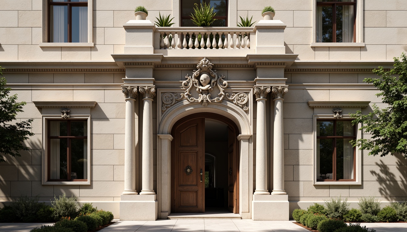 Prompt: Grandiose classical facade, ornate columns, intricately carved details, symmetrical composition, majestic entrance, sweeping arches, rusticated stone walls, ornamental balconies, decorative cornices, grand pediments, imposing scale, subtle color palette, soft natural lighting, shallow depth of field, 2/3 composition, realistic textures, ambient occlusion.