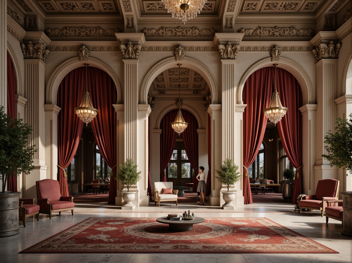 Prompt: Elegant classical buildings, ornate stone carvings, grandiose columns, intricately designed arches, marble floors, polished wooden doors, bronze hardware, crystal chandeliers, luxurious velvet drapes, richly patterned rugs, subtle warm lighting, shallow depth of field, 1/1 composition, symmetrical view, realistic textures, ambient occlusion.