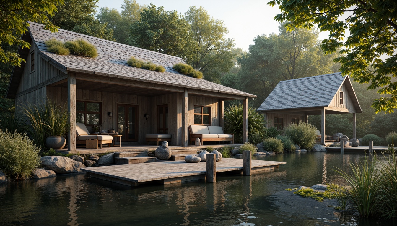 Prompt: Rustic wooden boathouse, weathered planks, distressed finishes, natural stone foundations, moss-covered roofs, serene lake surroundings, calm water reflections, lush greenery, overhanging trees, warm sunlight filtering, soft misty atmosphere, shallow depth of field, 1/2 composition, realistic textures, ambient occlusion, wooden dock, nautical ropes, sailboat moorings, aquatic life, subtle color palette, earthy tones, natural materials, cozy interior ambiance.