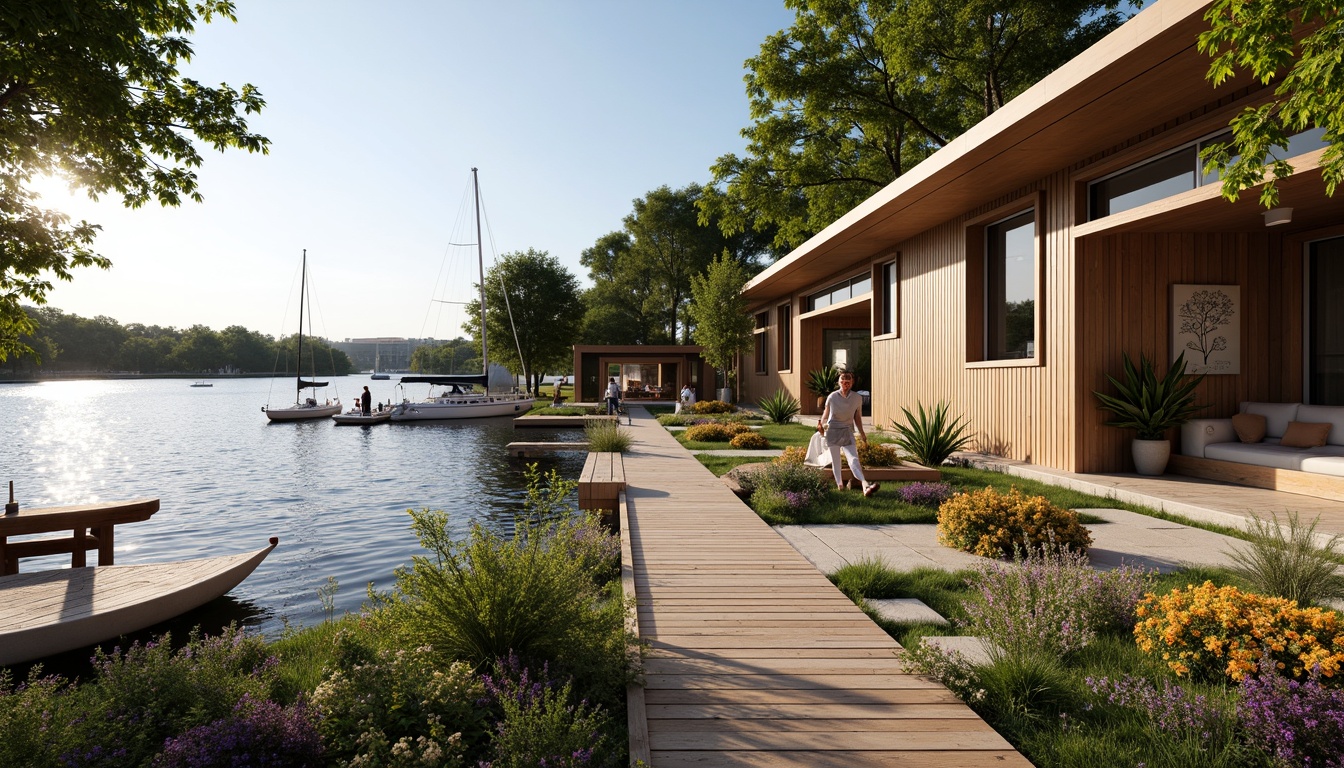 Prompt: Waterfront boathouse, rustic wooden docks, serene lake views, lush greenery, vibrant flowers, natural stone walls, wooden accents, nautical decorations, sailboats, kayaks, paddleboards, tranquil atmosphere, warm sunny day, soft diffused lighting, shallow depth of field, 3/4 composition, panoramic view, realistic textures, ambient occlusion, modern minimalist interior design, large windows, sliding glass doors, cozy reading nooks, plush furnishings, earthy color palette.