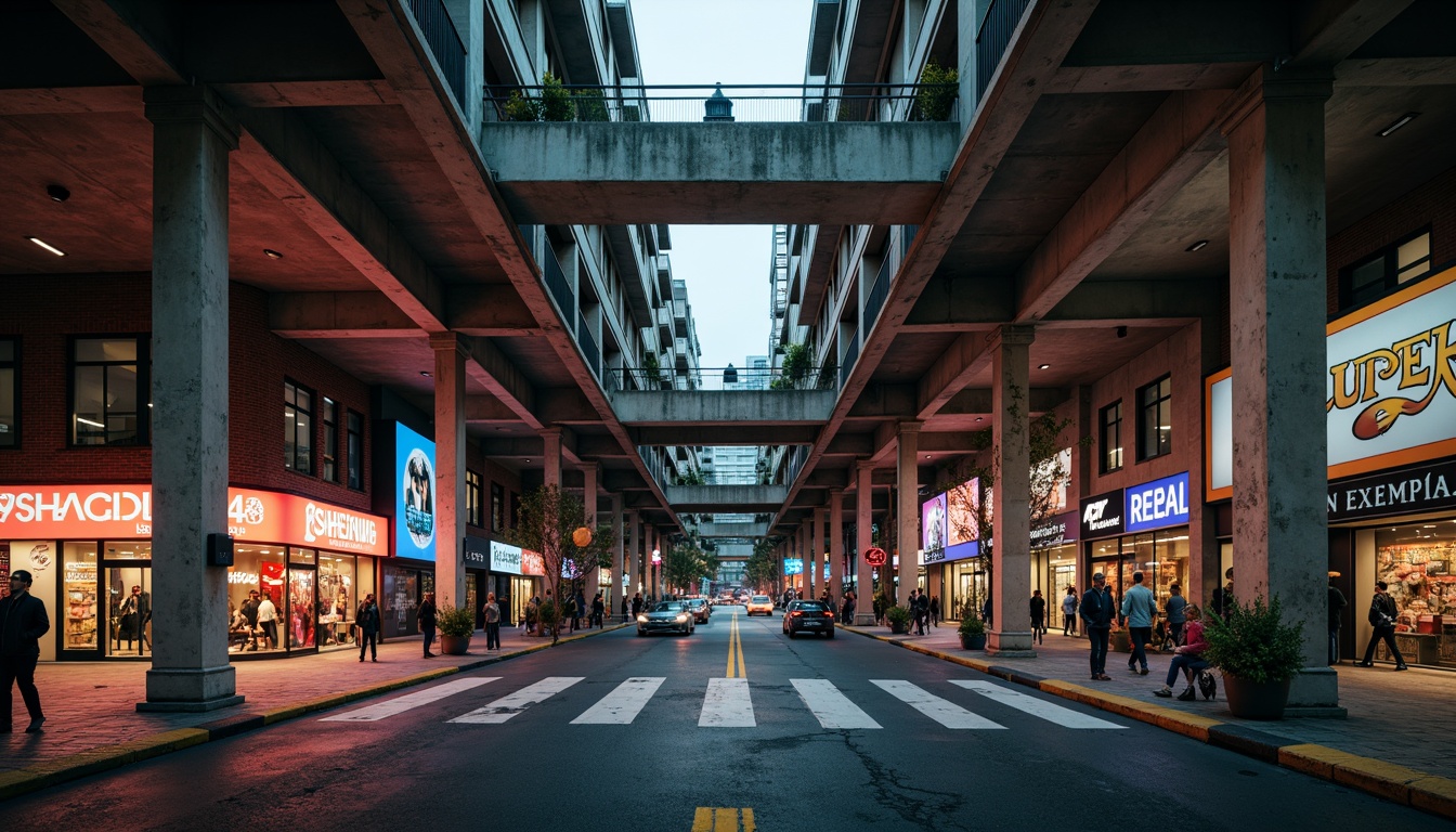 Prompt: Exposed concrete structures, rugged brutalist architecture, industrial-style metal beams, raw unfinished surfaces, urban cityscape, busy streets, vibrant neon signs, eclectic storefronts, modern street art, graffiti walls, distressed textures, rough stone floors, cold harsh lighting, high contrast shadows, 1/1 composition, dramatic low-angle shot, cinematic atmosphere, gritty realistic render.