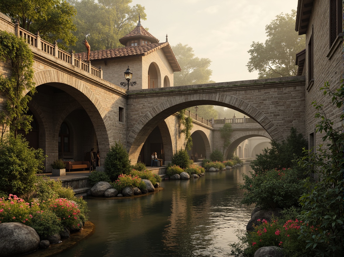 Prompt: Ancient stone bridges, ornate balustrades, rustic arches, weathered stonework, moss-covered piers, tranquil water reflections, serene riverbanks, lush greenery, vibrant flowers, historic lamp posts, decorative ironwork, grandiose entranceways, symmetrical composition, warm golden lighting, soft misty atmosphere, 1/2 composition, realistic textures, ambient occlusion.