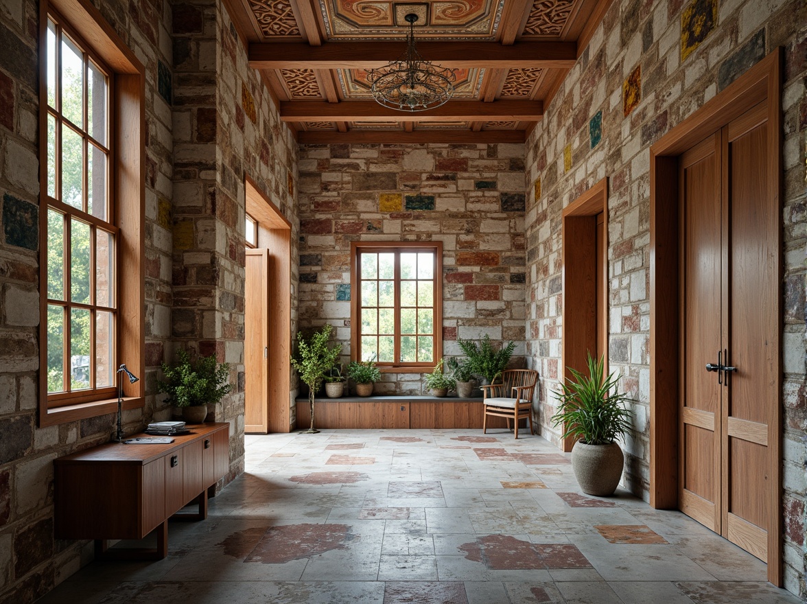 Prompt: Rough stone walls, weathered wooden planks, rusty metal accents, smooth concrete floors, intricate tile patterns, vibrant colorful murals, ornate plaster ceilings, distressed brick facades, natural rock formations, earthy tones, organic shapes, modern minimalist aesthetic, abundant natural light, soft warm glow, shallow depth of field, 1/1 composition, realistic textures, ambient occlusion.