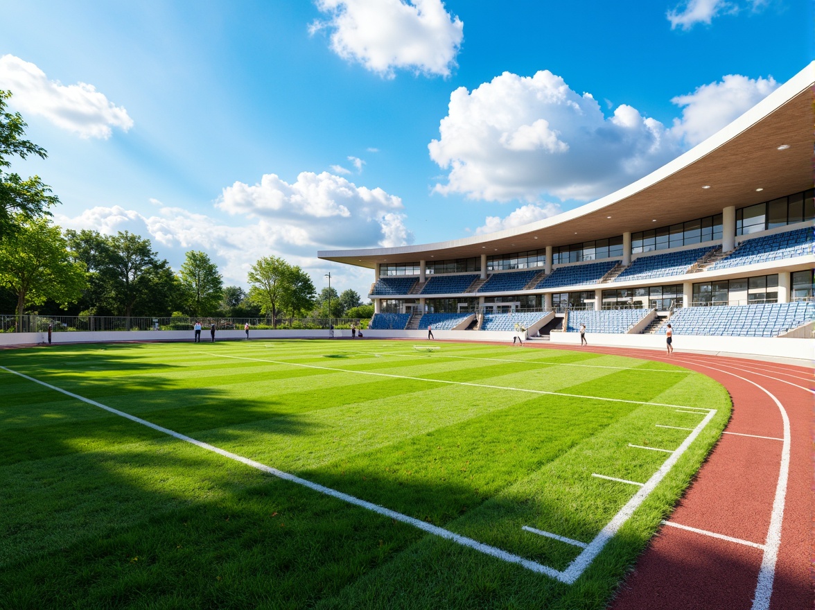 Prompt: Vibrant green grass, athletic tracks, bold white lines, bright yellow goalposts, sturdy metal fences, natural earthy tones, sunny day, clear blue sky, dynamic shadows, realistic textures, ambient occlusion, 3/4 composition, panoramic view, modern sports architecture, sleek stadium design, innovative lighting systems.