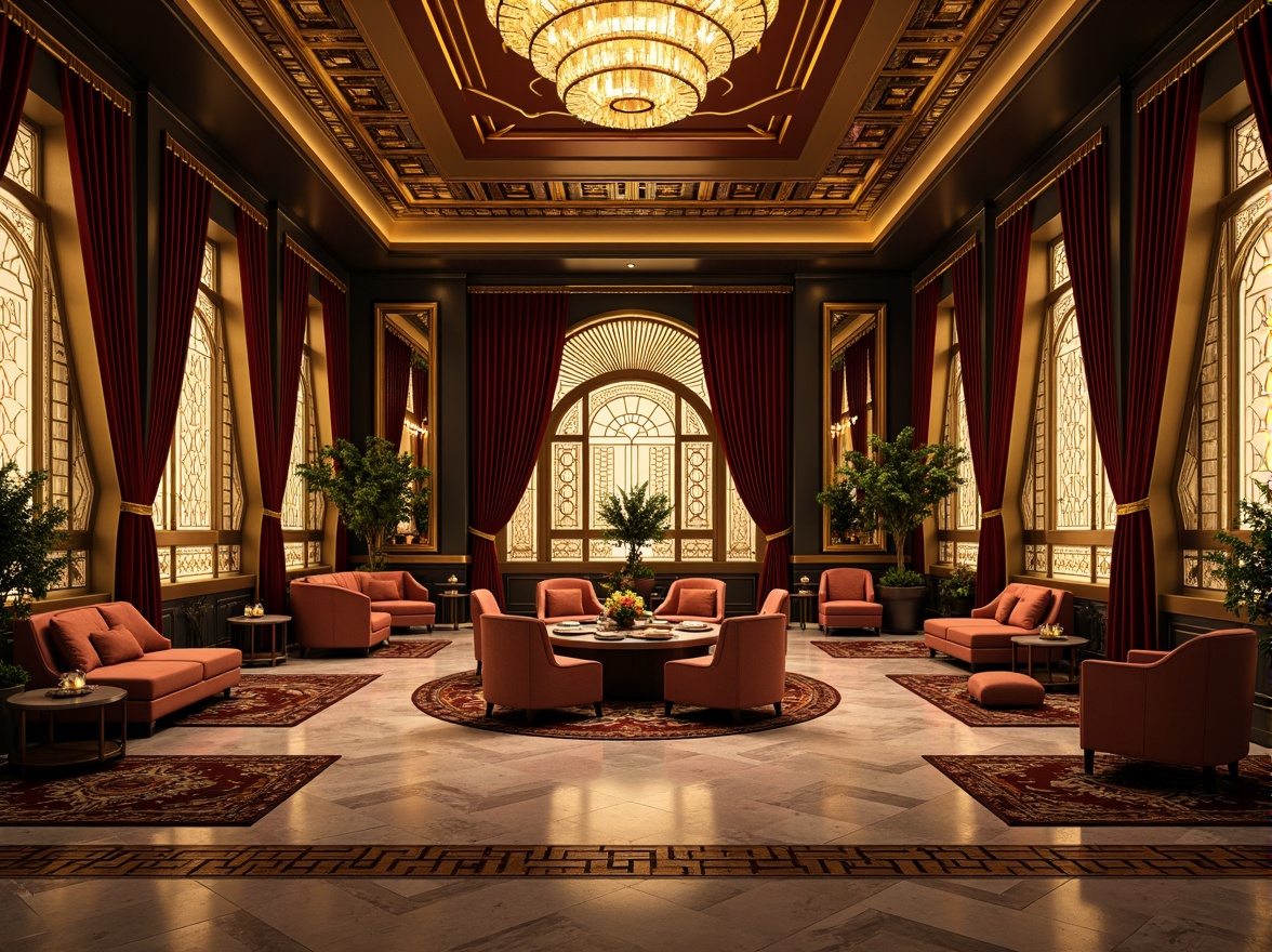 Prompt: Luxurious Art Deco interior, ornate metallic accents, geometric patterned rugs, velvet drapes, polished marble floors, intricate inlays, gilded moldings, opulent chandeliers, lavish furnishings, rich jewel-toned colors, sunburst motifs, chevron patterns, zigzag designs, luxurious fabrics, beveled mirrors, ornamental screens, dramatic lighting, warm golden glow, shallow depth of field, 1/1 composition, realistic reflections.