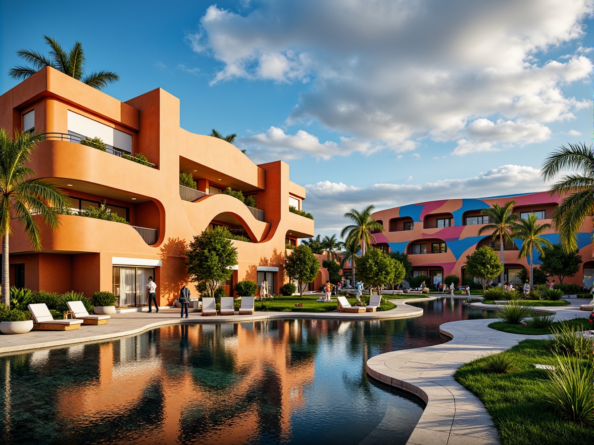 Prompt: Vibrant hotel facade, undulating curves, bold color blocking, abstract patterns, eclectic furniture, whimsical lighting fixtures, lush green roofs, meandering walkways, organic-shaped pools, tropical plants, exotic flowers, warm sunny day, dramatic cloud formations, cinematic composition, high contrast lighting, vivid textures, stylized reflections, artistic freedom, expressive brushstrokes.