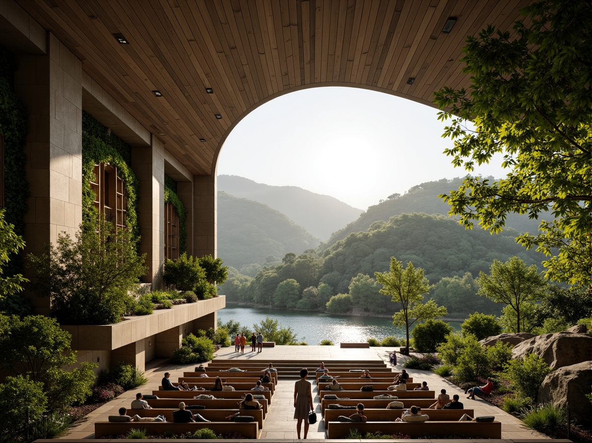 Prompt: Grand auditorium, sweeping curves, lush green walls, natural stone flooring, wooden accents, floor-to-ceiling windows, panoramic views, rolling hills, serene lakeside, misty morning, soft warm lighting, shallow depth of field, 3/4 composition, realistic textures, ambient occlusion, integrated landscape design, organic architecture, harmonious coexistence, nature-inspired patterns, vibrant colorful textiles, intricate geometric motifs.