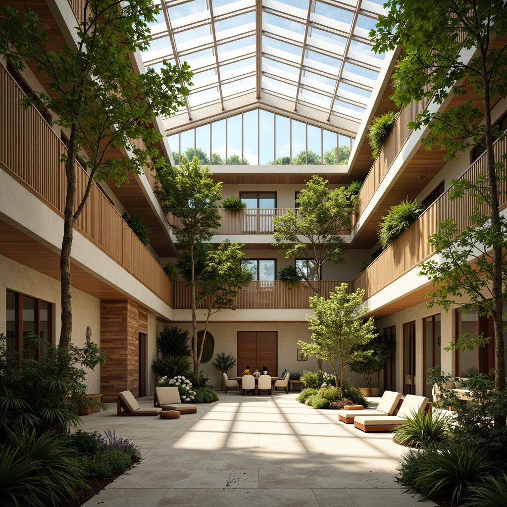 Prompt: Vibrant atrium, lush greenery, natural stone walls, wooden accents, floor-to-ceiling windows, clerestory windows, skylights, open floor plans, minimalist decor, earthy color palette, warm beige tones, soft diffused lighting, indirect sunlight, ambient shadows, 1/1 composition, shallow depth of field, realistic textures, subtle reflections.