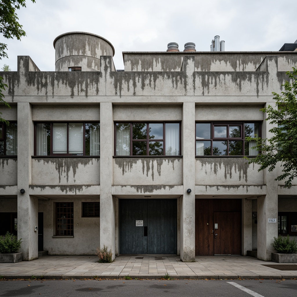 Prompt: Rugged elementary school facade, brutalist architecture, raw concrete walls, fortress-like structure, asymmetrical composition, bold geometric shapes, industrial-style windows, metal grilles, weathered steel doors, urban landscape, cityscape background, overcast sky, dramatic shadows, high-contrast lighting, 1/2 composition, close-up shot, realistic textures, ambient occlusion.