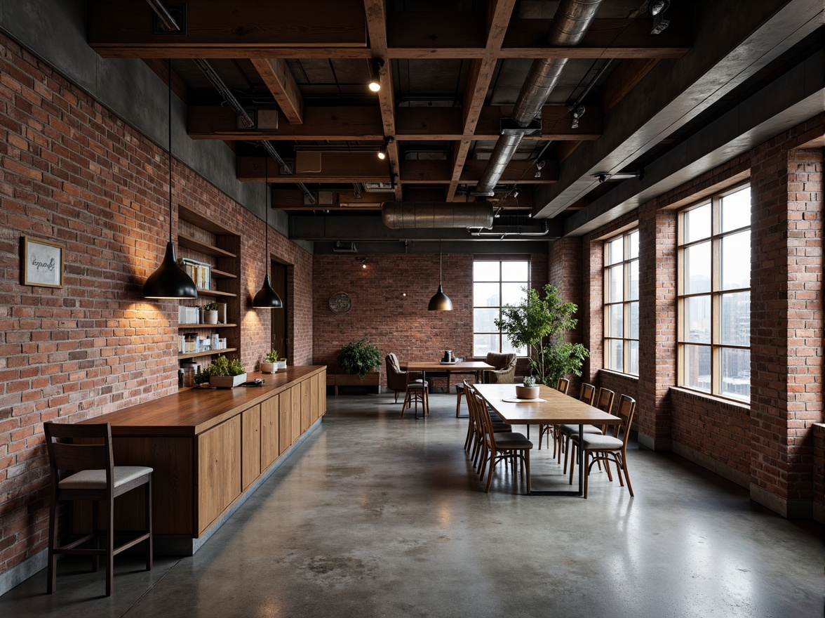 Prompt: Exposed brick walls, metal beams, reclaimed wood accents, industrial-style lighting fixtures, concrete floors, urban cityscape views, converted warehouse spaces, modern minimalist decor, functional pipes and ductwork, distressed finishes, edgy architectural lines, moody atmospheric lighting, shallow depth of field, 2/3 composition, gritty realistic textures, ambient occlusion.