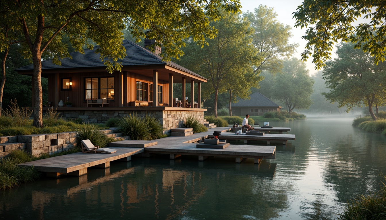 Prompt: Rustic boathouse, wooden dock, serene lakefront, lush greenery, overhanging trees, natural stone walls, weathered wood accents, nautical ropes, lantern-style lighting, warm golden tones, soft misty atmosphere, shallow depth of field, 1/1 composition, symmetrical framing, realistic water reflections, ambient occlusion.