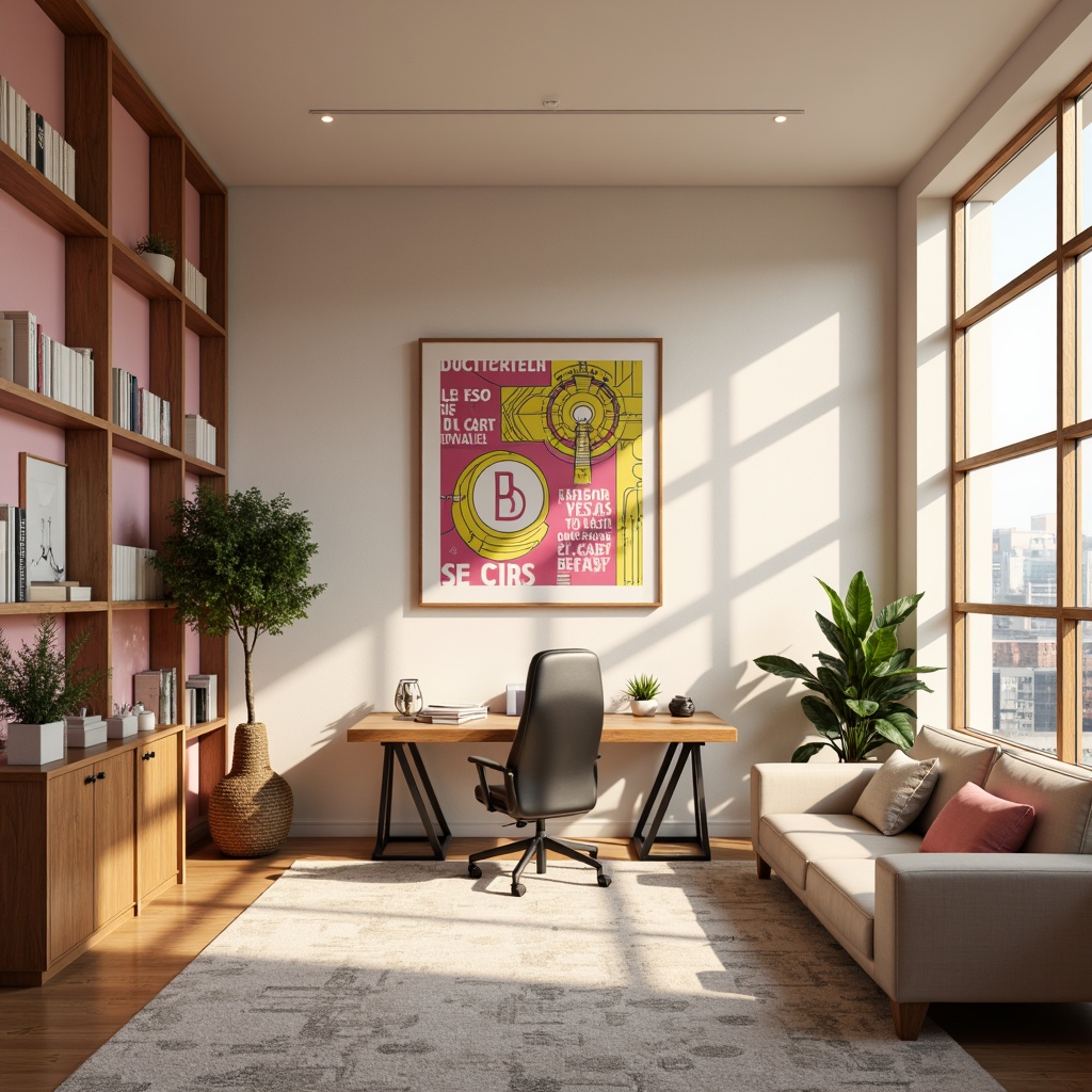 Prompt: Vibrant design studio, modern minimalist interior, sleek wooden desk, ergonomic chair, colorful artwork, inspirational quotes, natural light pouring in, large windows, urban cityscape view, warm beige walls, rich brown furniture, pastel pink accents, creamy white textures, bold typography, geometric patterns, abstract shapes, soft focus, shallow depth of field, 1/1 composition, realistic rendering, ambient occlusion.