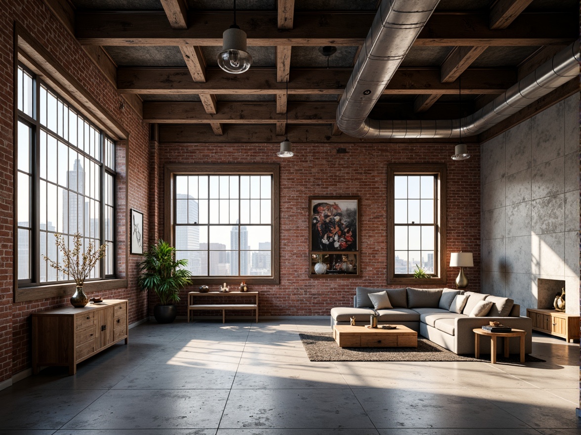 Prompt: Exposed brick walls, metal beams, reclaimed wood accents, industrial-style lighting fixtures, concrete floors, urban cityscape views, converted warehouse spaces, modern minimalist decor, functional pipes and ductwork, distressed textures, neutral color palette, high ceilings, open floor plans, eclectic vintage furniture, Edison bulb pendants, steel windows, brutalist architecture, dramatic shadows, low-key ambient lighting, 1/1 composition, realistic renderings.