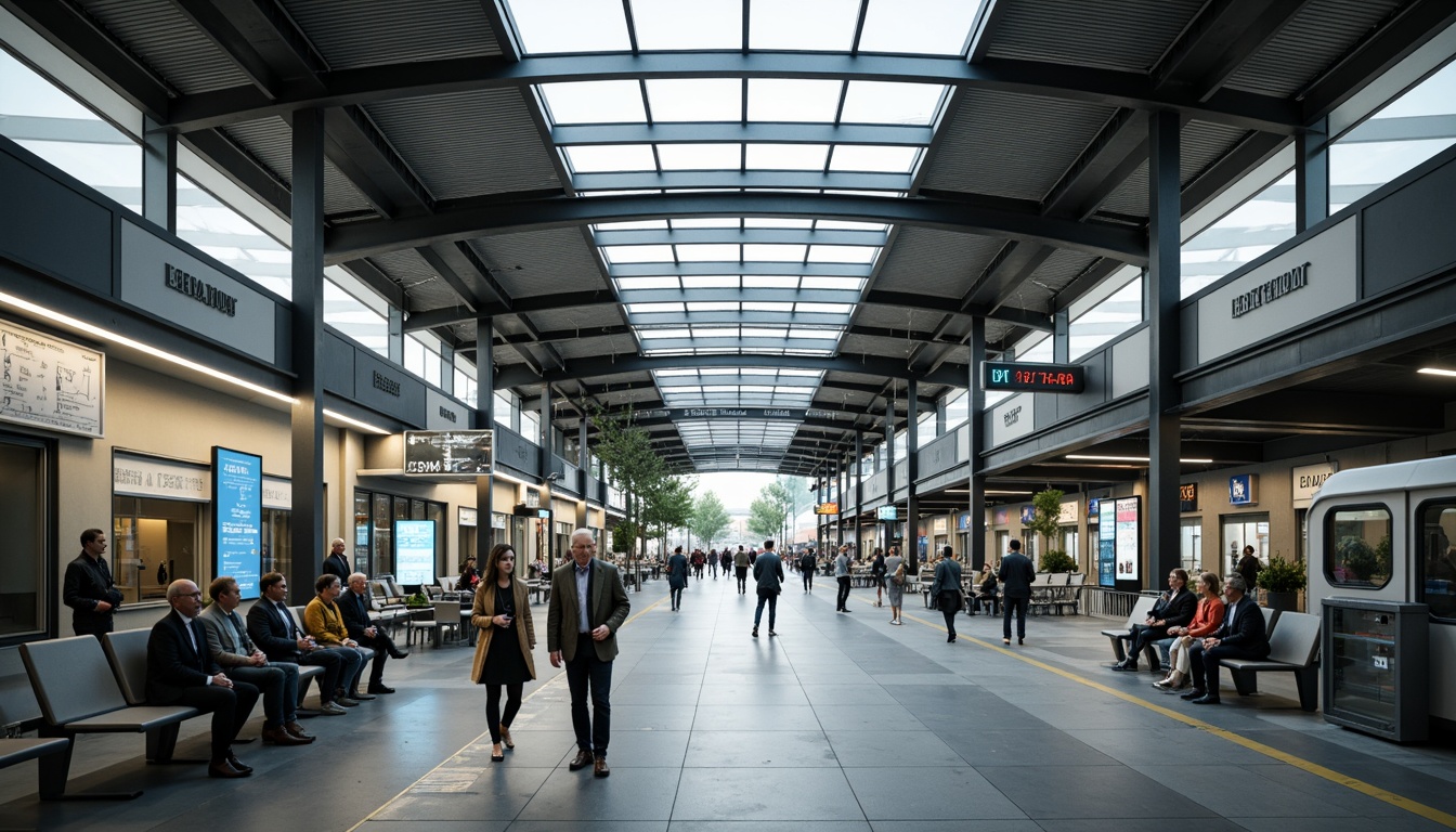 Prompt: Modern bus station interior, sleek metal framework, glass roofs, natural light pouring in, efficient passenger flow, clear signage, digital displays, comfortable seating areas, ample legroom, charging stations, minimalist decor, industrial-style flooring, urban atmosphere, busy morning commute, soft overhead lighting, shallow depth of field, 1/1 composition, realistic textures, ambient occlusion.