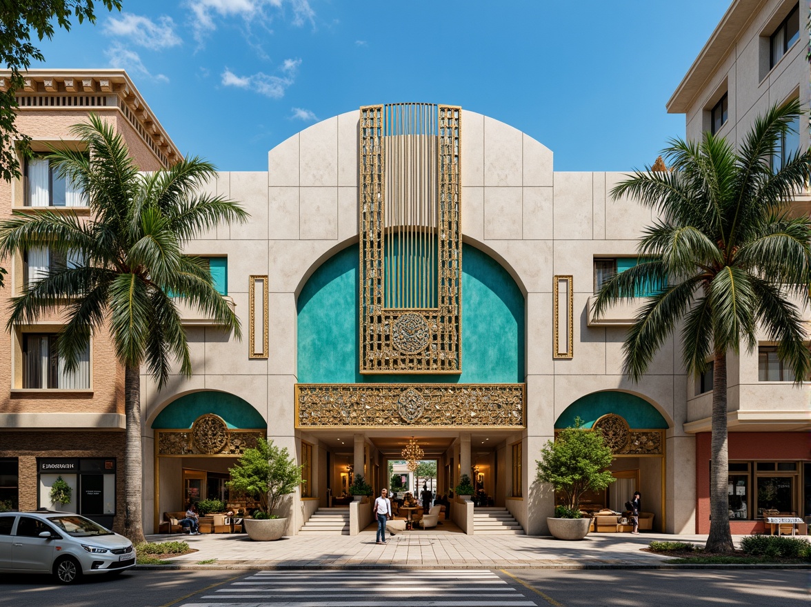 Prompt: Luxurious Art Deco building, ornate metalwork, geometric patterns, vibrant turquoise accents, lush greenery, tropical palm trees, curved lines, symmetrical composition, grand entrance, marble floors, intricate mosaics, lavish furnishings, opulent chandeliers, warm golden lighting, shallow depth of field, 1/1 composition, panoramic view, realistic textures, ambient occlusion, sunny day, clear blue sky, urban cityscape, bustling streets, vintage cars, retro-inspired signage.