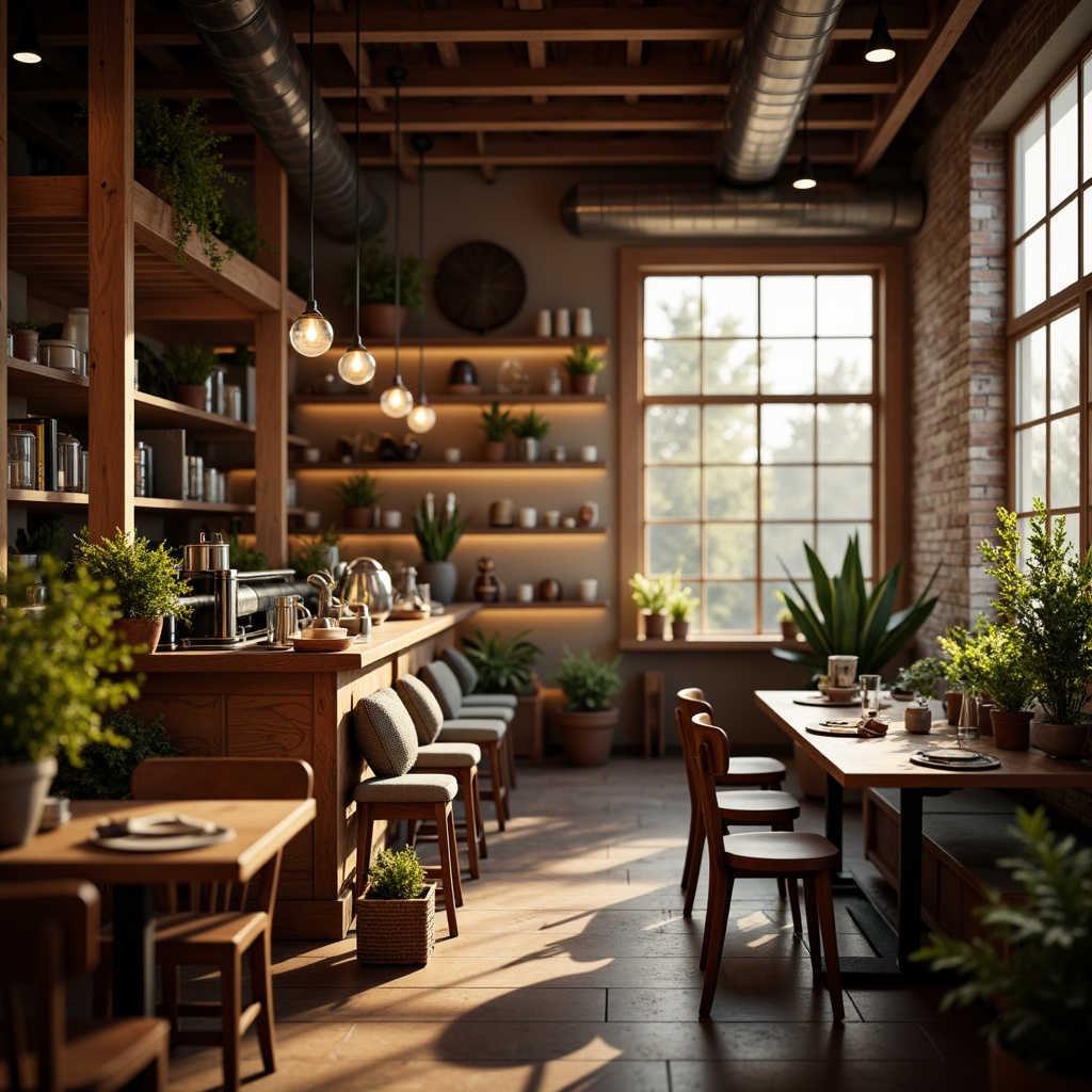 Prompt: Cozy coffee shop interior, warm wooden accents, soft ambient lighting, pendant lamps, industrial metal fixtures, exposed brick walls, comfortable seating areas, rustic wooden tables, vintage decorative items, aromatic coffee scents, morning sunlight, gentle warm glow, shallow depth of field, 1/1 composition, realistic textures, subtle color grading.