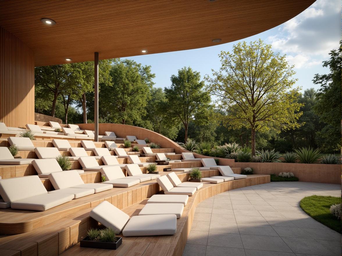 Prompt: Amphitheater seating area, minimalist design, sleek metal frames, curved rows, stepped platforms, wooden benches, comfortable cushions, subtle lighting, warm beige tones, natural stone flooring, modern architecture, open-air atmosphere, lush greenery surroundings, sunny day, soft warm lighting, shallow depth of field, 3/4 composition, panoramic view, realistic textures, ambient occlusion.