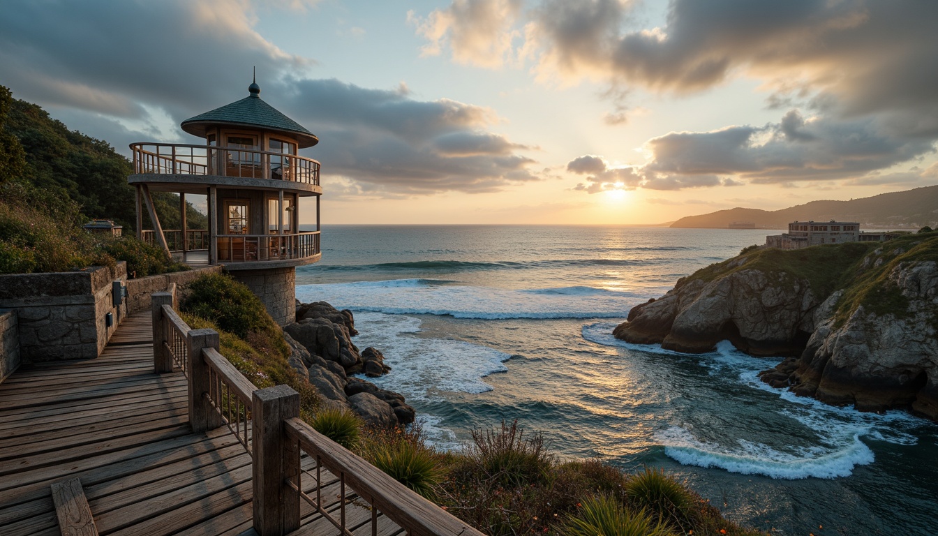 Prompt: Weathered wooden watching towers, rugged coastal landscape, crashing ocean waves, salty sea air, rustic nautical ropes, distressed wooden planks, faded lifebuoys, vintage navigation instruments, worn stone foundations, curved observation decks, panoramic ocean views, dramatic cloudy skies, warm golden lighting, shallow depth of field, 1/2 composition, realistic weathering effects, ambient occlusion.