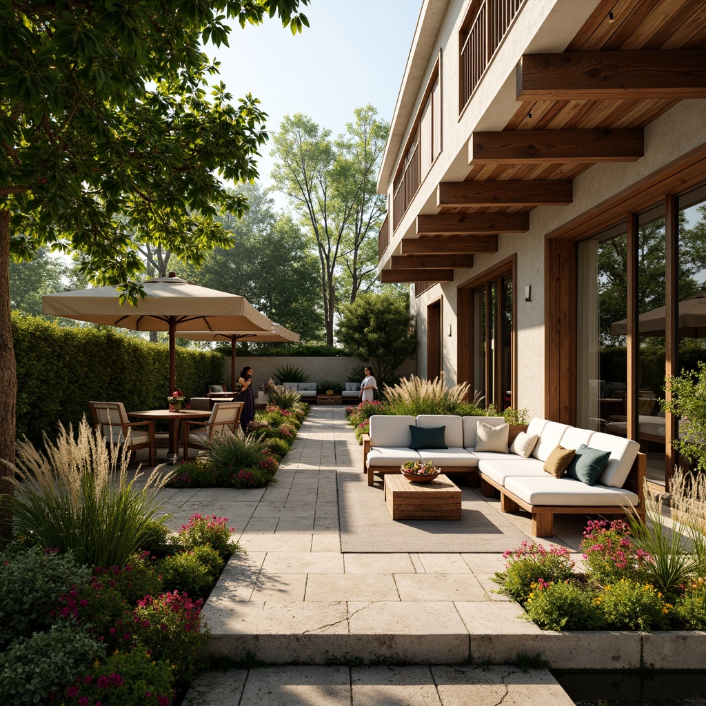 Prompt: Cozy patio, lush greenery, vibrant flowers, comfortable seating areas, wooden benches, rustic stone walls, warm string lights, soft cushions, natural textiles, earthy color palette, serene ambiance, gentle breeze, sunny afternoon, shallow depth of field, 3/4 composition, panoramic view, realistic textures, ambient occlusion.