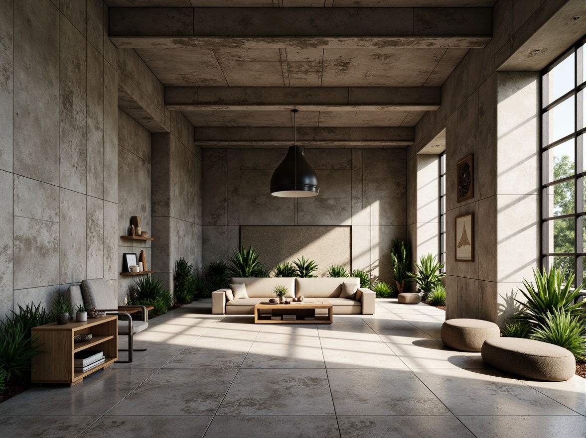 Prompt: Exposed concrete walls, rugged stone floors, industrial metal beams, brutalist architecture, raw unfinished textures, earthy tone color palette, muted greenery, weathered wood accents, functional minimalist decor, utilitarian furniture, cold harsh lighting, dramatic shadows, 1/1 composition, high contrast ratio, realistic material rendering, ambient occlusion.