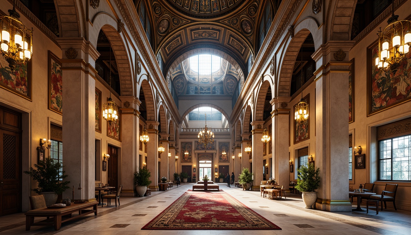 Prompt: Intricate stone carvings, ornate arches, grand domes, vibrant mosaics, golden accents, rich tapestries, luxurious furnishings, ornamental lanterns, majestic columns, marble floors, high ceilings, stained glass windows, warm candlelight, soft shadows, 1/1 composition, symmetrical framing, realistic textures, ambient occlusion.