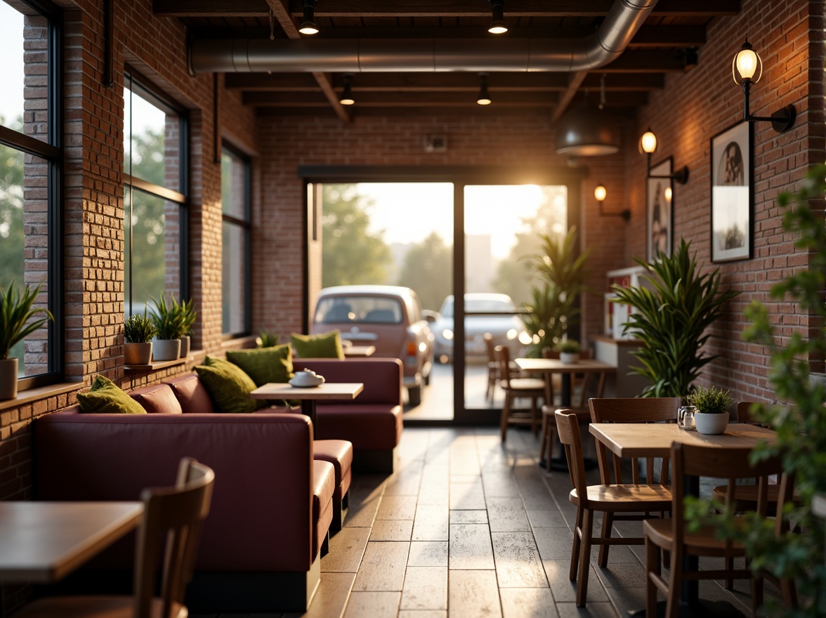 Prompt: Cozy coffee shop interior, warm wooden accents, soft ambient lighting, pendant lamps, industrial metal fixtures, exposed brick walls, comfortable seating areas, rustic wooden tables, vintage decorative items, aromatic coffee scents, morning sunlight, gentle warm glow, shallow depth of field, 1/1 composition, realistic textures, subtle color grading.