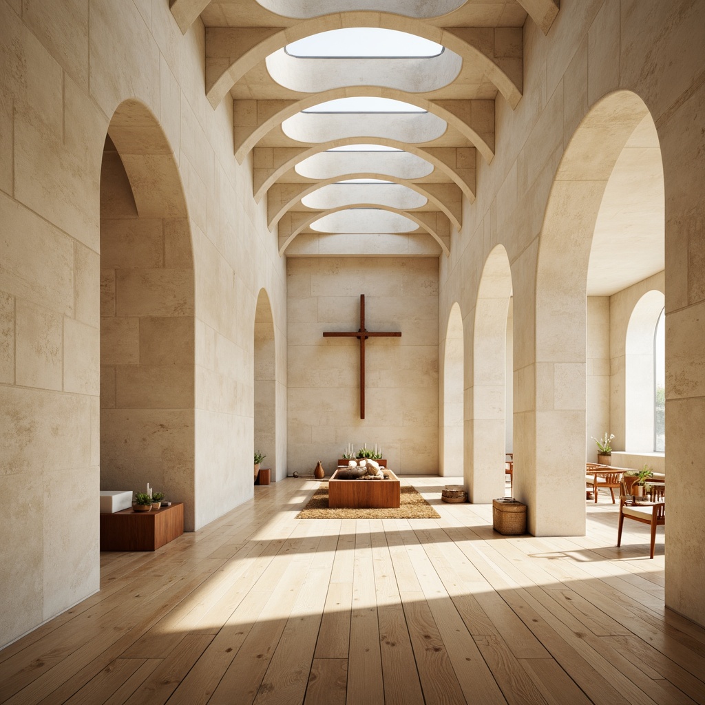 Prompt: Minimalist monastery interior, cream-colored stone walls, polished wooden floors, sleek modern furniture, sparse decorative elements, natural light pouring through clerestory windows, subtle spiritual symbols, calming atmosphere, soft warm lighting, shallow depth of field, 3/4 composition, panoramic view, realistic textures, ambient occlusion, serene ambiance, peaceful retreat, contemplative spaces, simple yet elegant design.