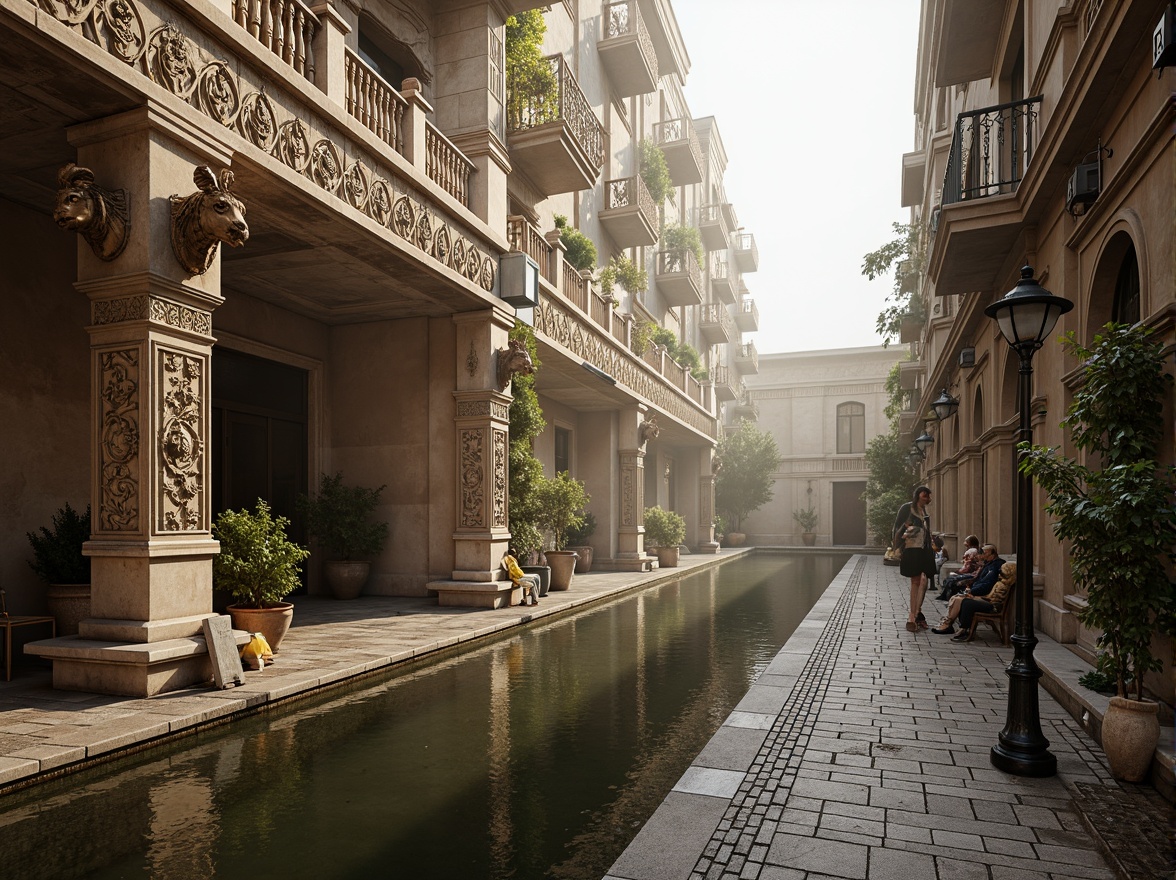 Prompt: Intricate stone carvings, ornate balustrades, grand arches, rustic stonework, weathered statues, mythological creatures, floral patterns, curved railings, decorative lamp posts, cobblestone roads, serene water reflections, soft warm lighting, misty morning atmosphere, 1/2 composition, symmetrical framing, realistic textures, ambient occlusion.