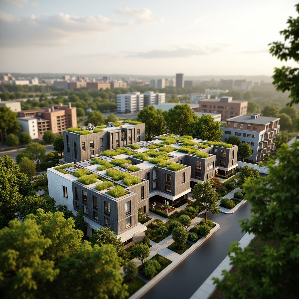 Prompt: Eco-friendly residential complex, green roofs, solar panels, wind turbines, rainwater harvesting systems, recycled materials, low-carbon footprint, energy-efficient appliances, natural ventilation systems, large windows, minimal waste generation, composting facilities, organic gardens, community recycling programs, sustainable urban planning, pedestrian-friendly infrastructure, electric vehicle charging stations, modern minimalist architecture, earthy color palette, abundant natural light, soft warm ambiance, shallow depth of field, 3/4 composition, panoramic view.