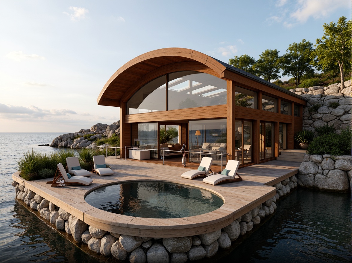 Prompt: Waterfront boathouse, international style, curved rooflines, wooden accents, nautical elements, sailboat-inspired design, ocean views, seaside atmosphere, rustic wood decking, rope railings, porthole windows, copper roofing, greenery overhangs, natural stone foundations, modern minimalist interior, large skylights, soft warm lighting, shallow depth of field, 1/1 composition, realistic textures, ambient occlusion.