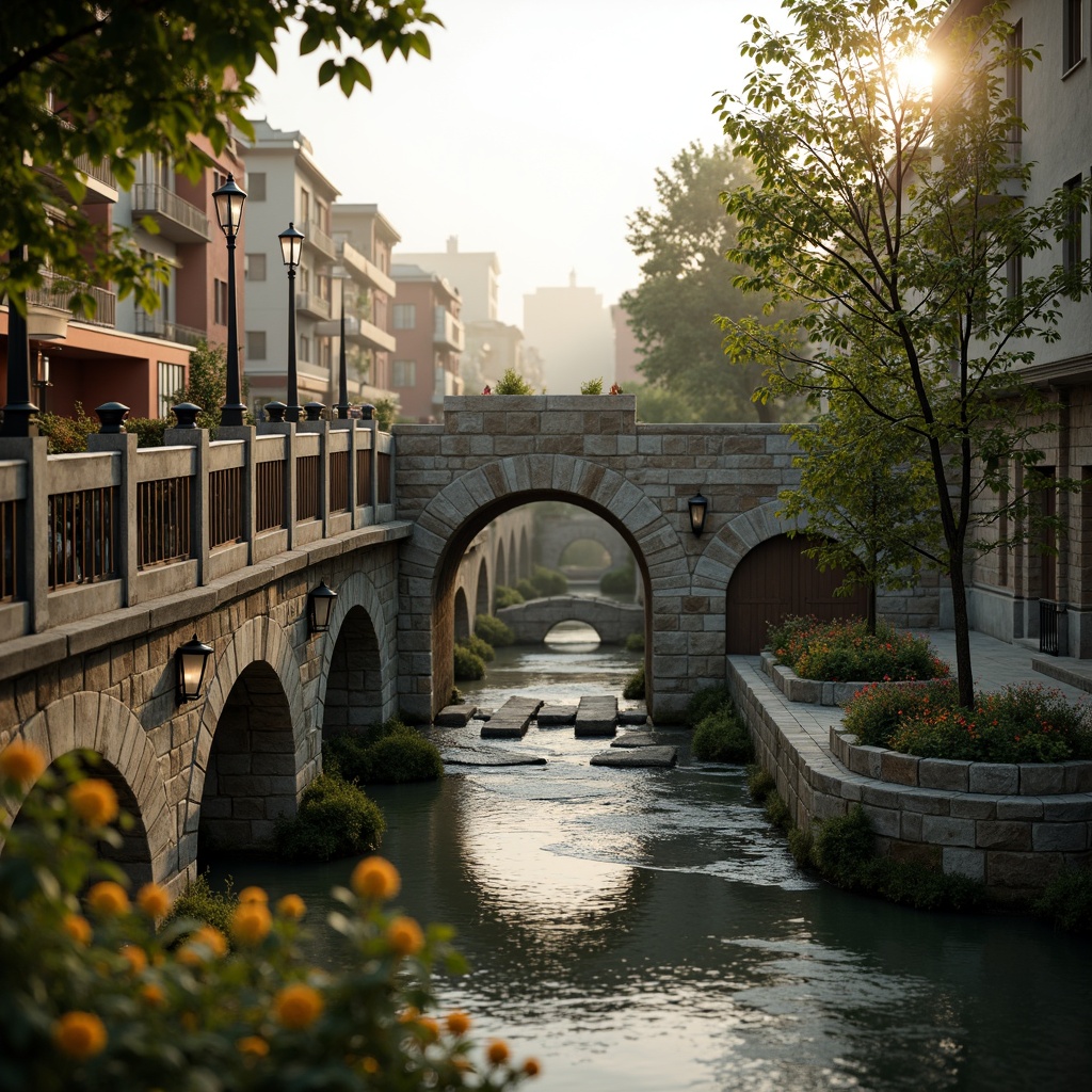 Prompt: Ancient stone bridges, ornate balustrades, rustic arches, weathered stonework, moss-covered piers, gentle water flow, serene riverbanks, lush greenery, vibrant flowers, historic cityscape, warm golden lighting, soft misty atmosphere, shallow depth of field, 3/4 composition, symmetrical architecture, classical ornamental details, intricate carvings, ornate lamp posts, rustic metal railings.