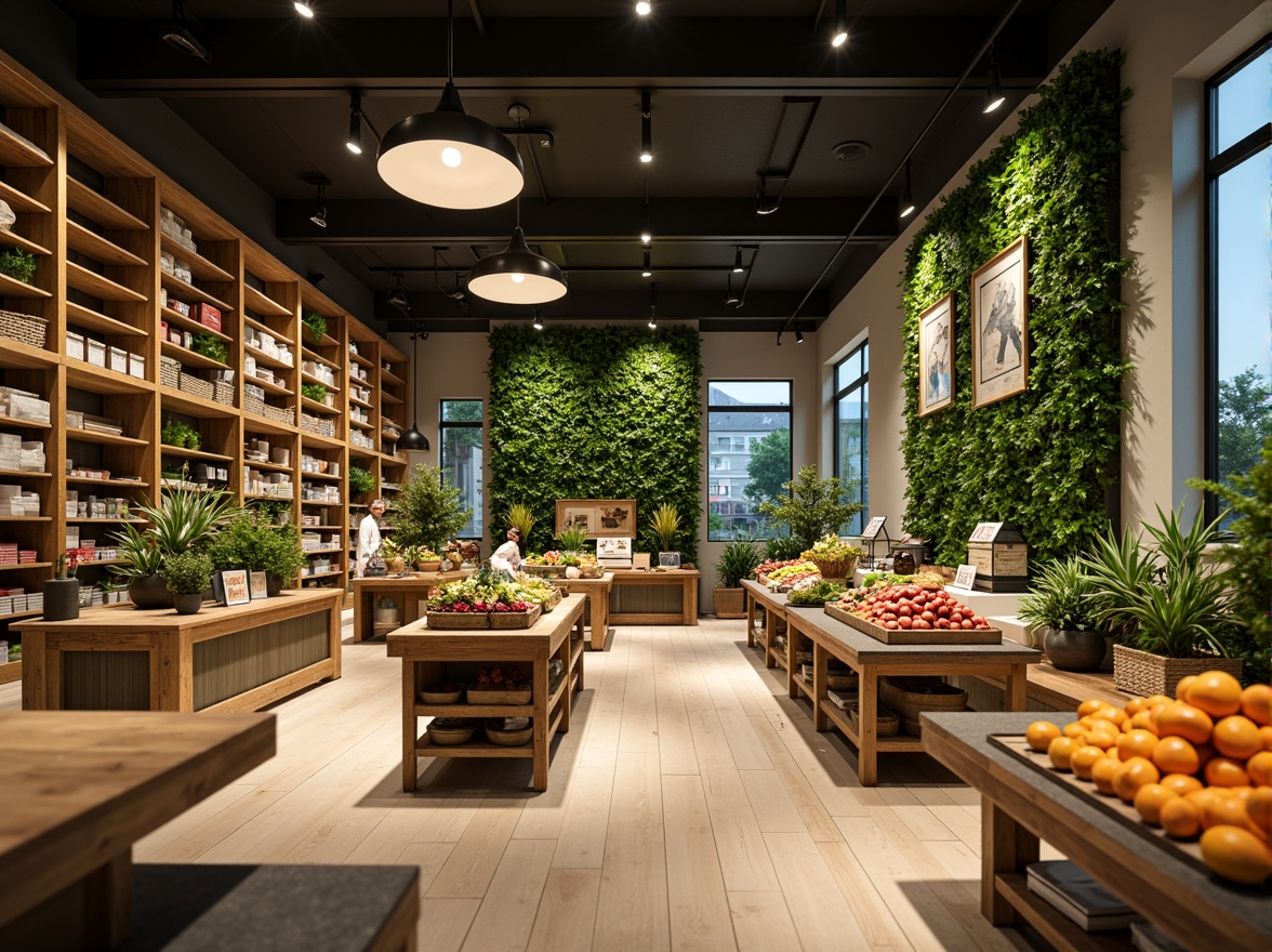 Prompt: Eco-friendly grocery store interior, reclaimed wood shelving, bamboo flooring, natural stone countertops, energy-efficient LED lighting, living green walls, organic produce displays, recycled metal accents, minimalist decor, earthy color palette, warm ambient lighting, shallow depth of field, 1/1 composition, realistic textures, ambient occlusion.