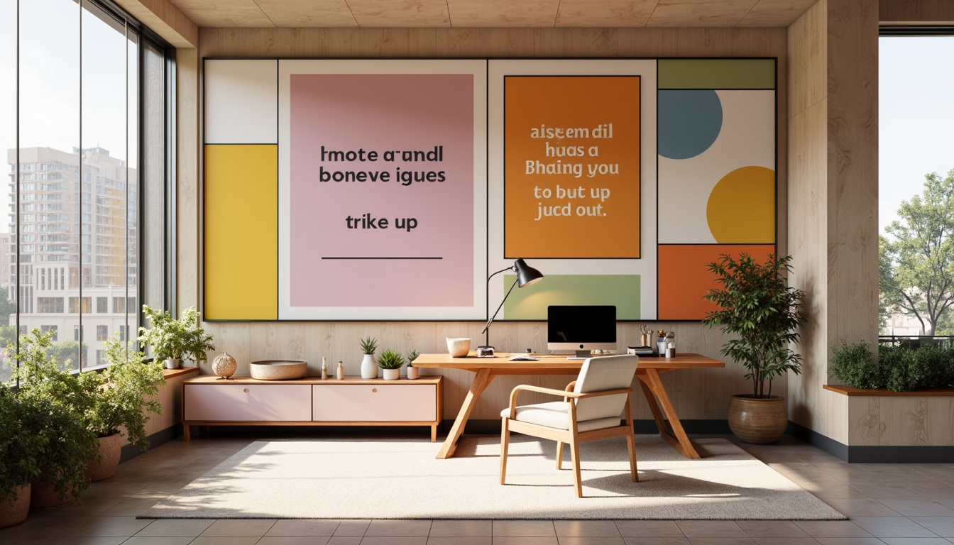 Prompt: Vibrant design studio, modern minimalist interior, sleek wooden desk, ergonomic chair, colorful artwork, inspirational quotes, natural light pouring in, large windows, urban cityscape view, warm beige walls, rich brown furniture, pastel pink accents, creamy white textures, bold typography, geometric patterns, subtle gradient effects, soft focus, shallow depth of field, 1/1 composition, realistic rendering, ambient occlusion.