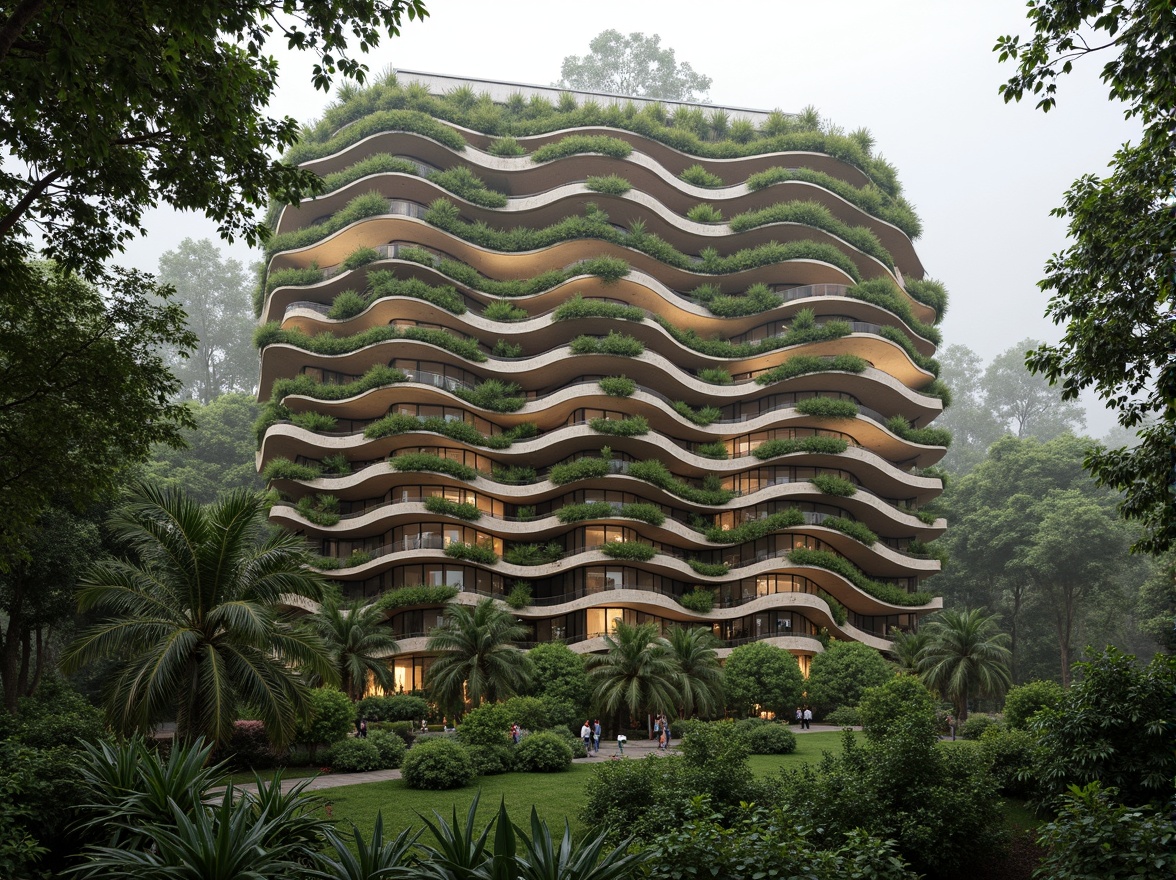 Prompt: Organic building facade, wavy lines, natural stone cladding, green walls, living roofs, botanical patterns, earthy tones, curved shapes, biomimetic architecture, sustainable materials, energy-efficient systems, rainwater harvesting, solar panels, wind turbines, lush vegetation, tropical plants, misty atmosphere, soft diffused lighting, shallow depth of field, 1/1 composition, realistic textures, ambient occlusion.