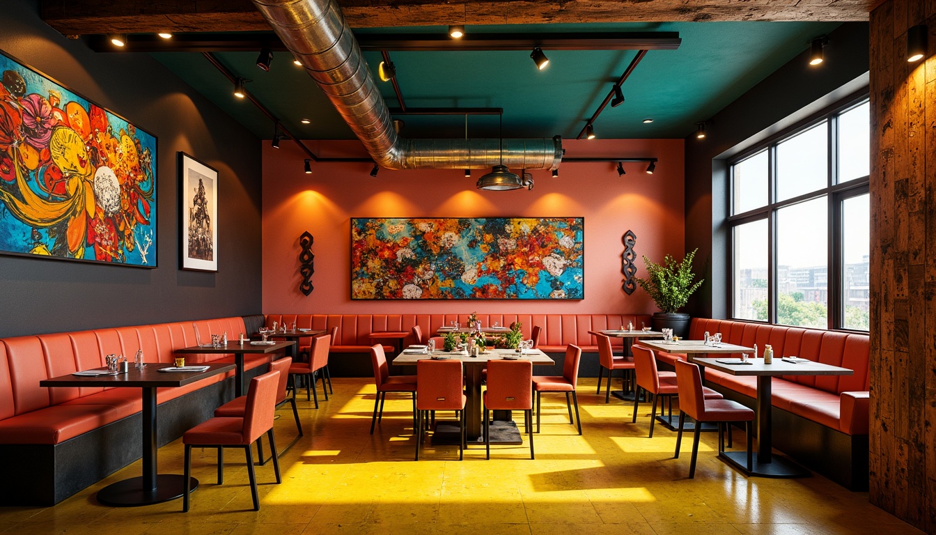 Prompt: Vibrant restaurant interior, expressionist art style, bold color palette, warm golden lighting, rich wood accents, eclectic furniture, abstract artwork, geometric patterns, bright coral walls, deep turquoise ceilings, sunny yellow floors, distressed metal decorations, reclaimed wood textures, industrial chic atmosphere, dramatic shadows, high contrast ratio, 1/2 composition, cinematic lighting, realistic reflections.