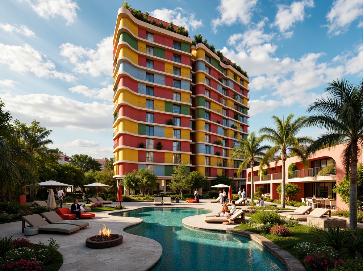 Prompt: Vibrant hotel facade, undulating curves, bold color blocking, abstract patterns, eclectic furniture, whimsical lighting fixtures, lush green roofs, meandering walkways, organic-shaped pools, tropical plants, exotic flowers, warm sunny day, dramatic cloud formations, cinematic composition, high contrast lighting, vivid textures, stylized reflections, artistic freedom, expressive brushstrokes.