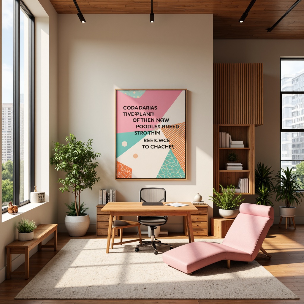 Prompt: Vibrant design studio, modern minimalist interior, sleek wooden desk, ergonomic chair, colorful artwork, inspirational quotes, natural light pouring in, large windows, urban cityscape view, warm beige walls, rich brown furniture, pastel pink accents, creamy white textures, bold typography, geometric patterns, abstract shapes, soft focus, shallow depth of field, 1/1 composition, realistic rendering, ambient occlusion.