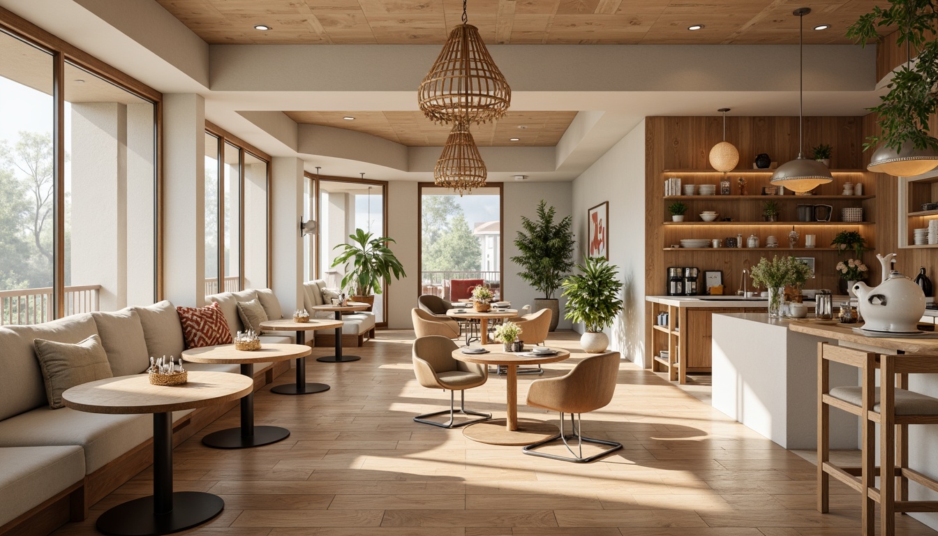 Prompt: Cozy dining area, warm wooden flooring, elegant chandeliers, comfortable seating arrangements, circular tables, plush cushions, soft pastel colors, natural textiles, minimalist decor, functional shelving units, modern kitchen appliances, sleek countertops, pendant lighting fixtures, open-plan layout, airy atmosphere, abundant natural light, shallow depth of field, 1/1 composition, realistic reflections, ambient occlusion.