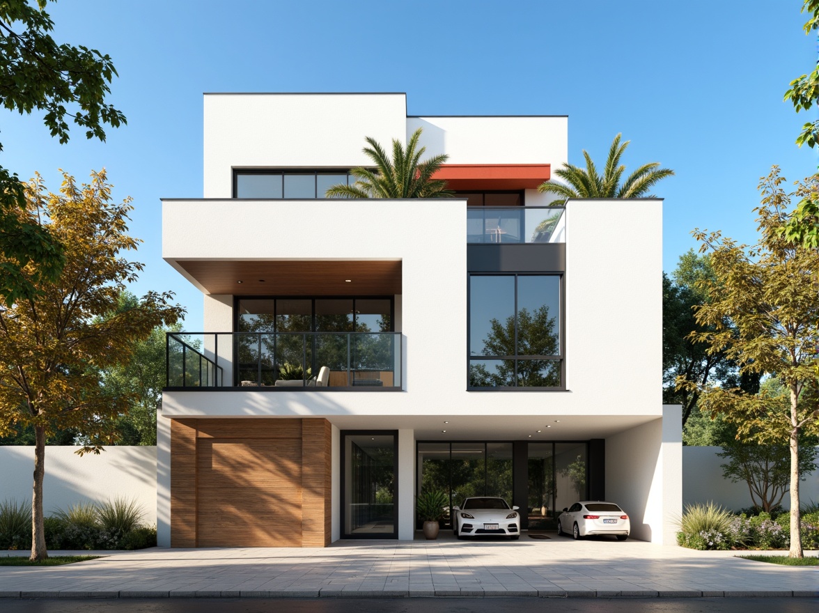 Prompt: Geometric villa facade, rectangular forms, clean lines, minimal ornamentation, functional simplicity, white stucco walls, large windows, horizontal bands, steel frames, cantilevered roofs, asymmetrical compositions, bold color accents, industrial materials, urban landscape, sunny day, high contrast lighting, deep depth of field, 2/3 composition, architectural photography, realistic textures, ambient occlusion.