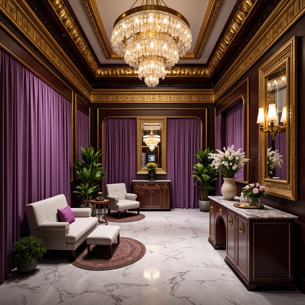 Prompt: Luxurious dental clinic, ornate gold accents, rich velvet drapes, intricately carved wooden furniture, crystal chandeliers, marble floors, ornamental mirrors, lavish furnishings, regal purple hues, soft warm lighting, shallow depth of field, 3/4 composition, realistic textures, ambient occlusion, elegant waiting area, comfortable plush chairs, decorative vases, fresh flower arrangements, subtle scenting, calming ambiance, soothing music background.