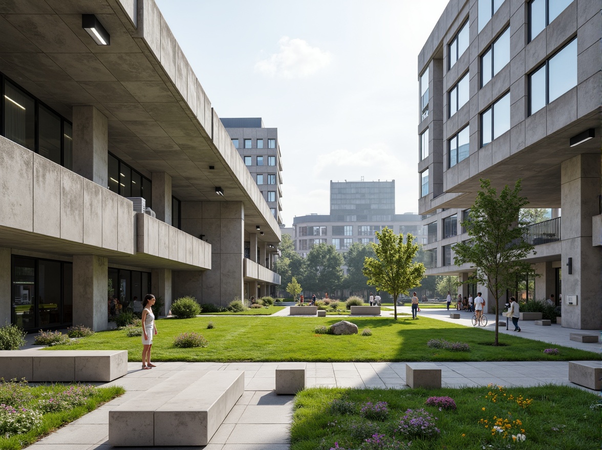 Prompt: Rugged concrete buildings, brutalist architecture, open plazas, sprawling green lawns, abstract sculptures, modern art installations, industrial-style benches, exposed ductwork, raw concrete textures, dramatic shading, harsh overhead lighting, 1/1 composition, symmetrical framing, bold color accents, urban landscape, educational signage, pedestrian walkways, bike racks, minimalist landscaping, functional water features, angular staircases, cantilevered structures.