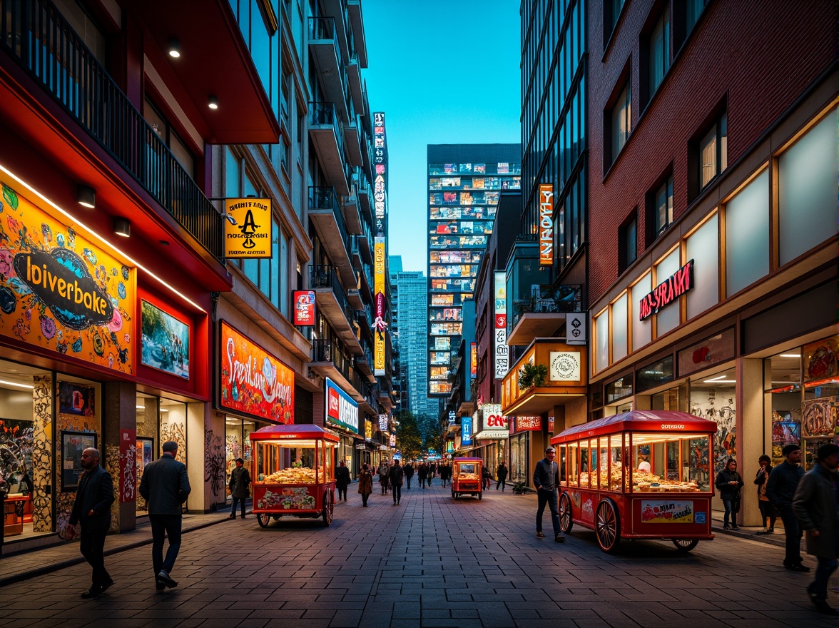 Prompt: Vibrant cityscape, neon lights, bustling streets, eclectic architecture, bold graffiti, street art murals, bright billboards, colorful vendor carts, lively pedestrians, dynamic camera movements, shallow depth of field, 1/1 composition, warm golden lighting, high contrast ratios, saturated colors, abstract textures, stylized reflections.