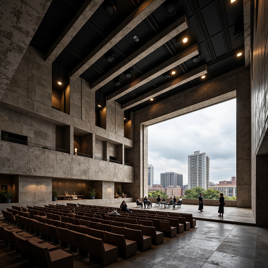 Prompt: Rugged brutalist concert hall, exposed concrete walls, industrial metal beams, minimalist seating, avant-garde stage design, dramatic spotlights, resonant sound reflections, acoustic panels, diffused sound waves, intimate performance spaces, natural stone flooring, raw unfinished textures, bold geometric shapes, urban cityscape views, cloudy grey skies, soft warm lighting, shallow depth of field, 1/1 composition, realistic material renderings, ambient occlusion.