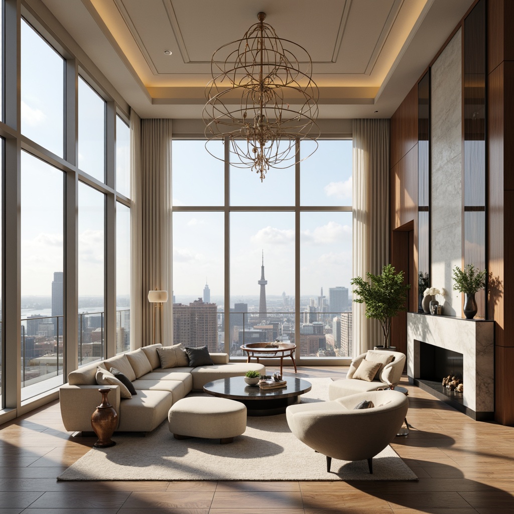 Prompt: Luxurious penthouse, modern minimalist decor, neutral color scheme, creamy whites, rich woods, metallic accents, floor-to-ceiling windows, breathtaking city views, sleek lines, sophisticated ambiance, warm beige tones, soft gray hues, bold accent walls, lavish furnishings, opulent chandeliers, panoramic skyline, dramatic lighting, shallow depth of field, 1/1 composition, realistic textures, ambient occlusion.