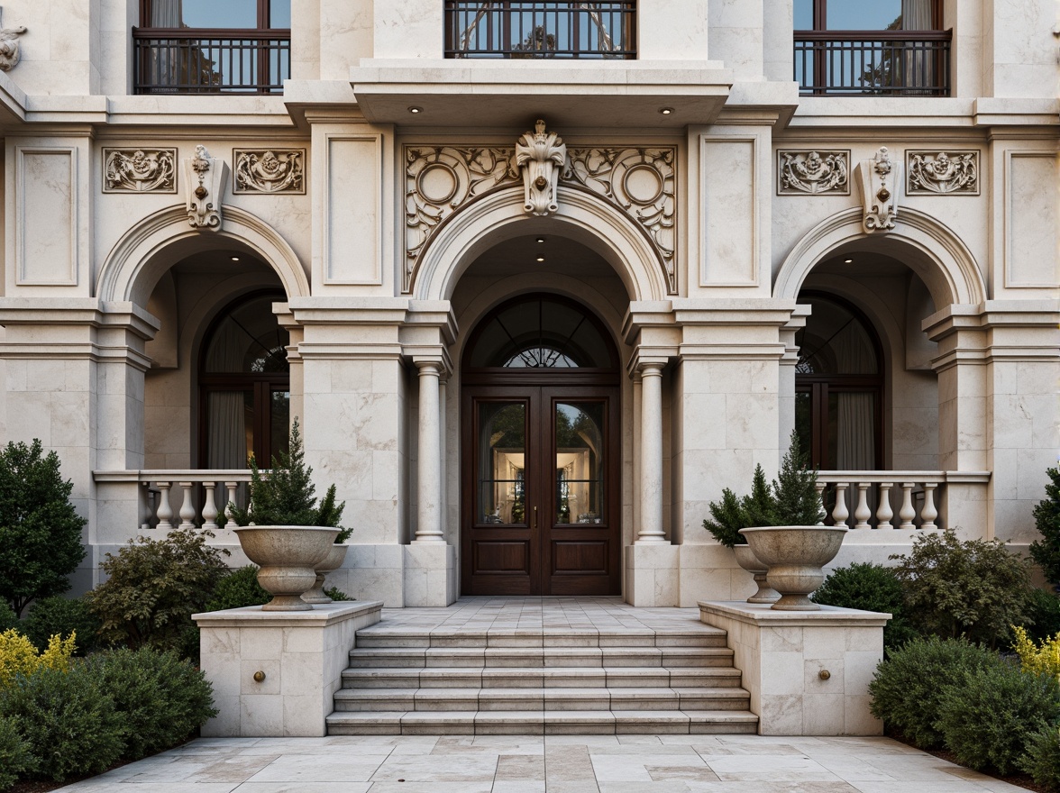 Prompt: Grandiose classical facade, ornate columns, intricately carved details, symmetrical composition, majestic entrance, sweeping arches, rusticated stone walls, ornamental balconies, decorative cornices, grand pediments, imposing scale, subtle color palette, soft natural lighting, shallow depth of field, 2/3 composition, realistic textures, ambient occlusion.