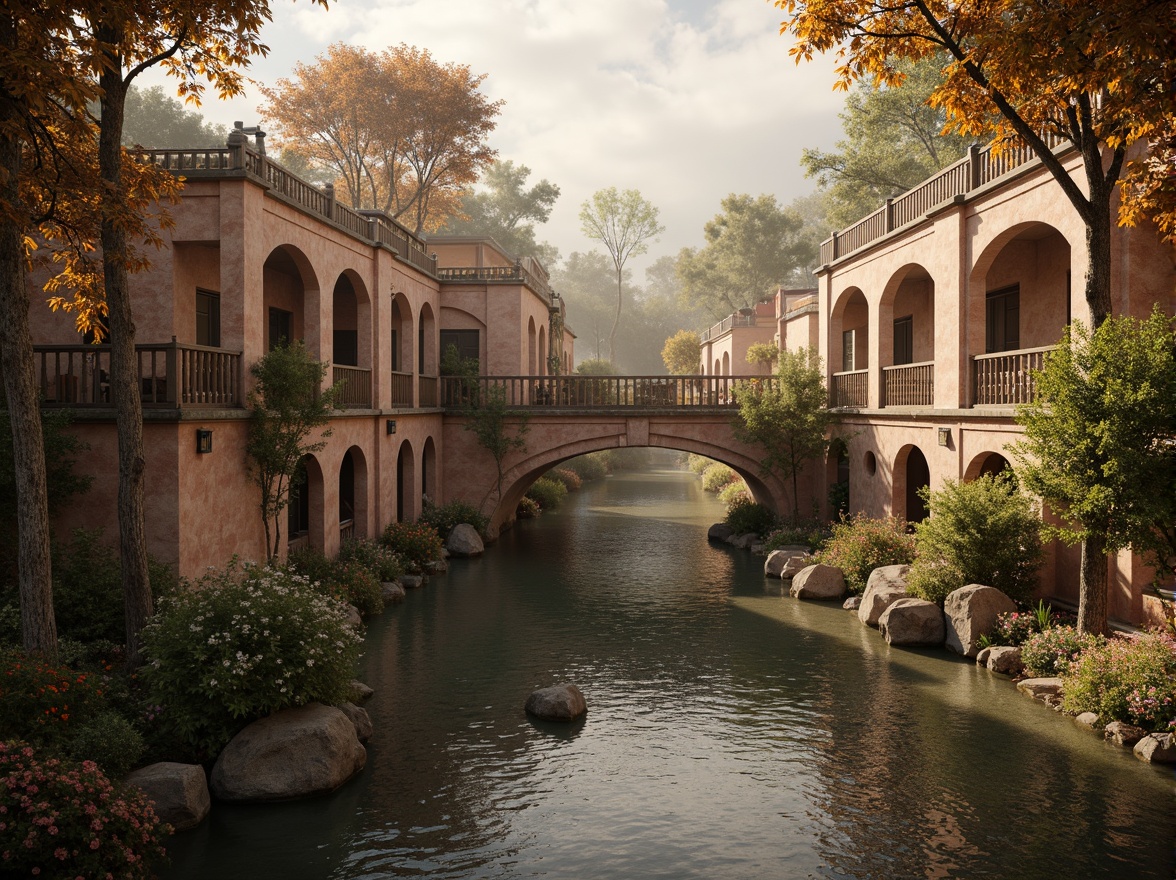 Prompt: Rustic stone bridges, ornate balustrades, weathered wooden railings, earthy terracotta hues, muted sienna tones, warm golden lighting, soft misty atmosphere, serene river waters, lush greenery, vibrant floral accents, intricate carvings, classical arches, grandiose proportions, symmetrical composition, 1/2 perspective view, realistic stone textures, ambient occlusion.