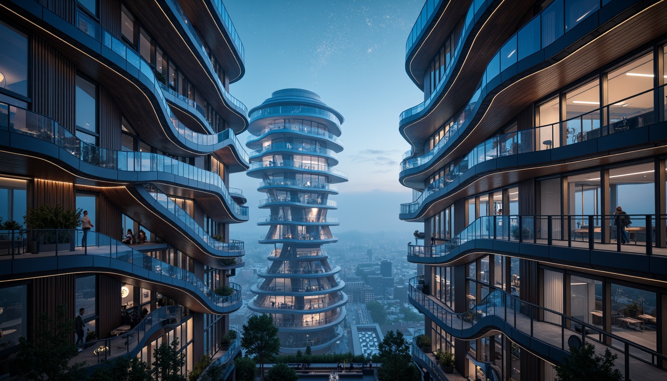 Prompt: Twisting spiral staircase, undulating balconies, flowing curves, futuristic watching tower, sleek metallic surfaces, iridescent glass fa\u00e7ades, shimmering LED lights, celestial observatory, stargazing platform, atmospheric mist, mystical fog, dreamy twilight, soft ethereal glow, 1/1 composition, symmetrical framing, dramatic shadows, cinematic lighting, realistic reflections, ambient occlusion.