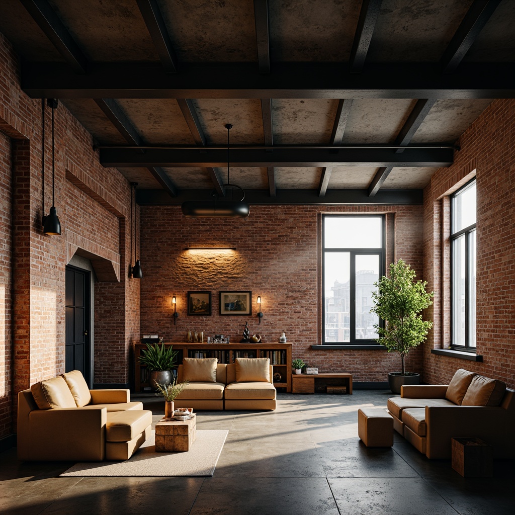 Prompt: Exposed brick walls, industrial metal beams, reclaimed wood accents, minimalist decor, urban loft atmosphere, warm cozy lighting, softbox lights, pendant lamps, floor-to-ceiling windows, natural daylight, moody shadows, atmospheric haze, 1/1 composition, shallow depth of field, realistic textures, ambient occlusion.